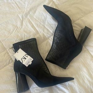 Black mesh Zara ankle block heel boots